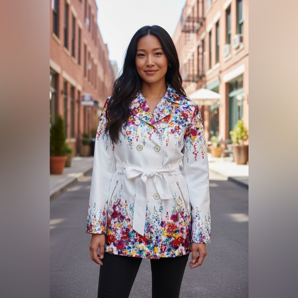Jessica Simpson Multicolored Floral Print Double-breasted Springtime Trench LG